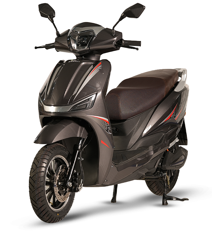 Front view of a blue Mihos electric scooter